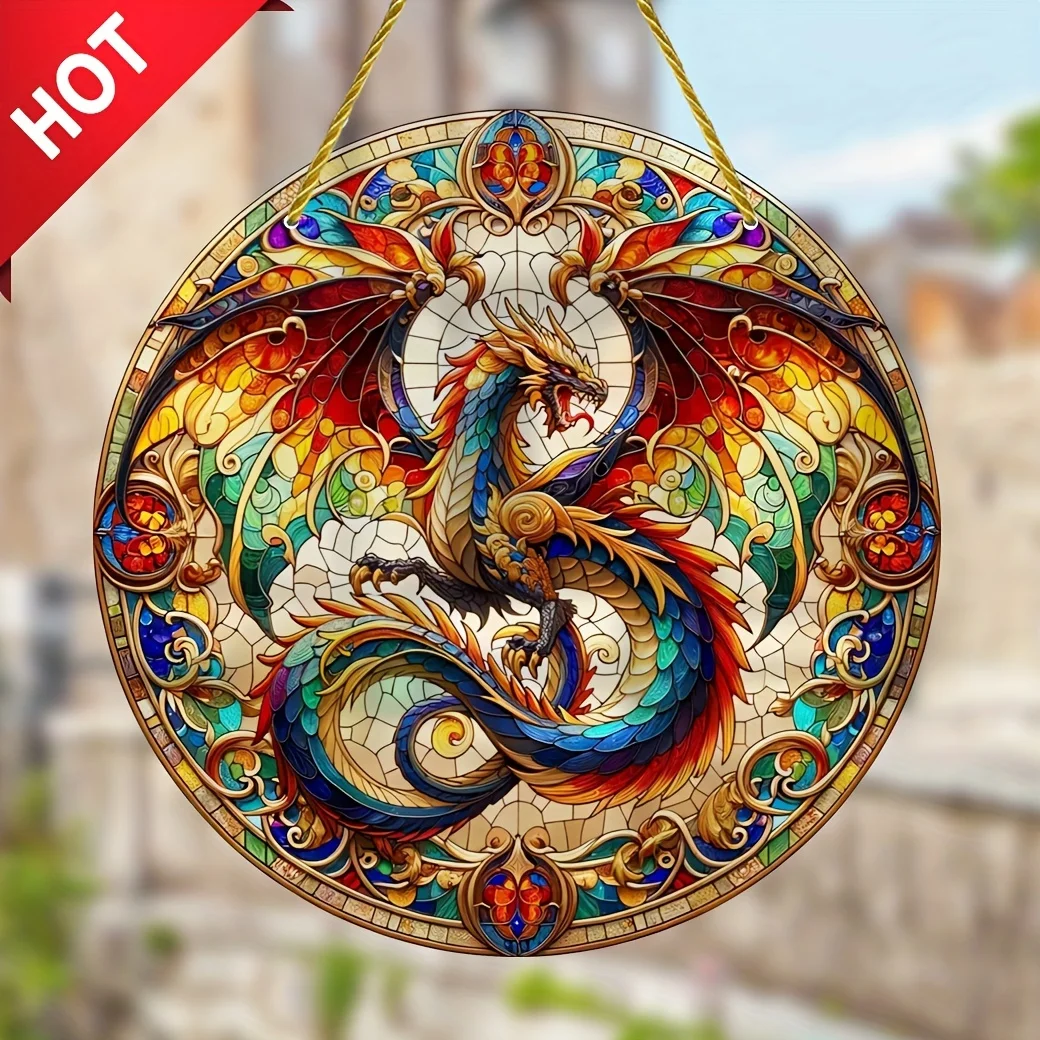 Dragon Sun Catcher-Circular Acrylic Decor Sign with Stained Glass Effect - Wall Hanging Decoration, Art Decor Style for Bedroom