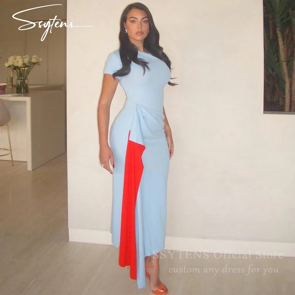

SSYTENS Elegant Blue Crepe Evening Dresses Saudi Arabric Ankle Length Prom Dresses Short Sleeves Formal Party Gowns Customized