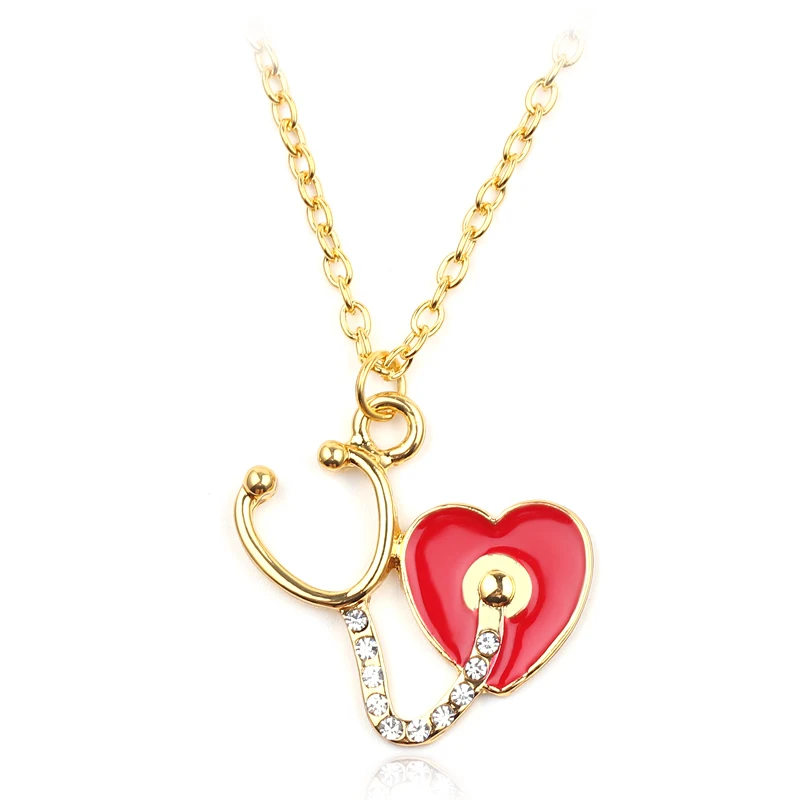 Fashionable New Jewelry Alloy Inlaid Full Rhinestone Heart Set Stethoscope Necklace Give Nurse Girlfriend Best Gift