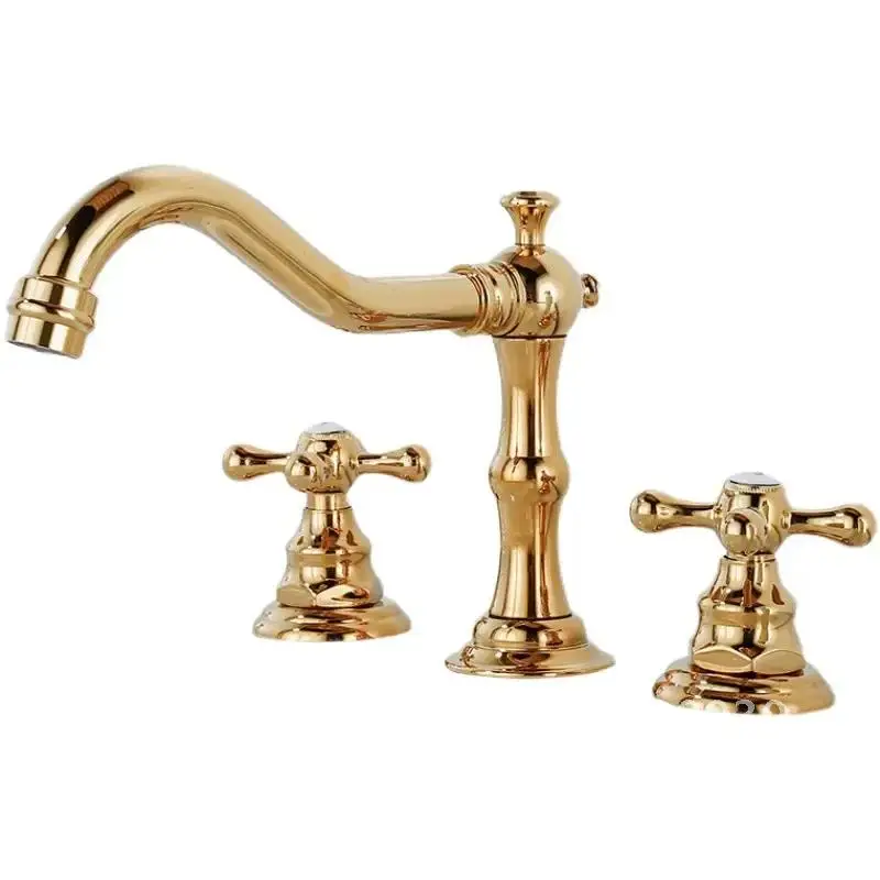 Basin Water Gold Bathroom Antique Sink Faucet 3 Tap Hot Brass Double Hole Handle Cold & Wash