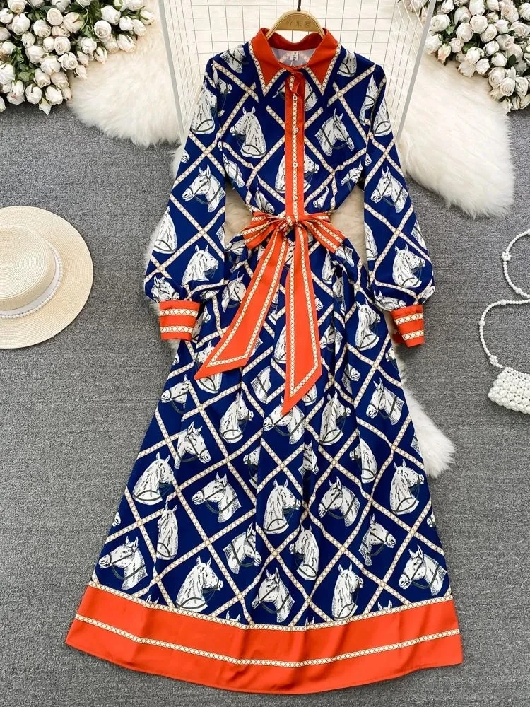 Fashion Designer Plaid Animal Horse Print Maxi Dress Women Turn Down Collar Bow Lace Up Contrast Color Runway Long Vestido 8695