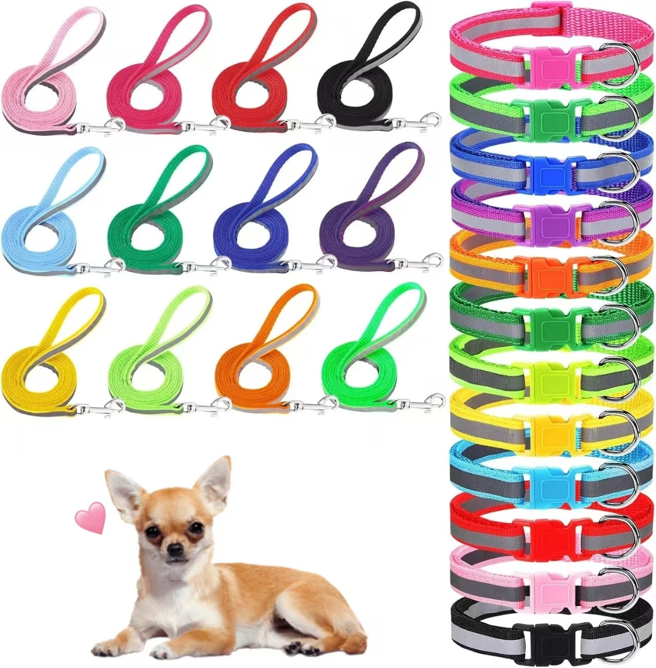 24 Pcs Reflective Dog Collar and Leash Set Adjustable Nylon Pet Collars for Small Medium Dogs Walking Training 12 Colors