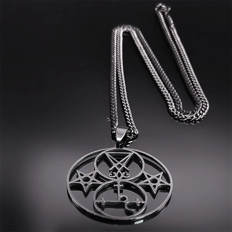 Lilith Pentagramm Siegel von Luzifer Kirche Halskette Edelstahl Satan Dämon Hohl Pentagramm Runde Halsketten Goth Schmuck N6218 – Detail 5