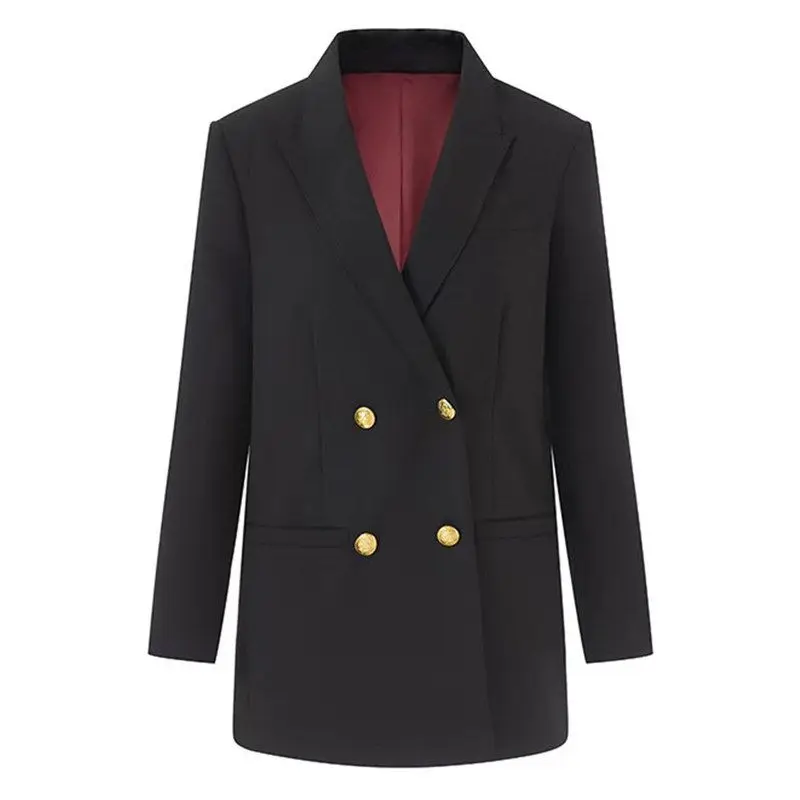 Black Double-Breasted Professional Suiting Jacket Commute Business Style Tailored Women's Long Sleeve Full Lined Straight Cut