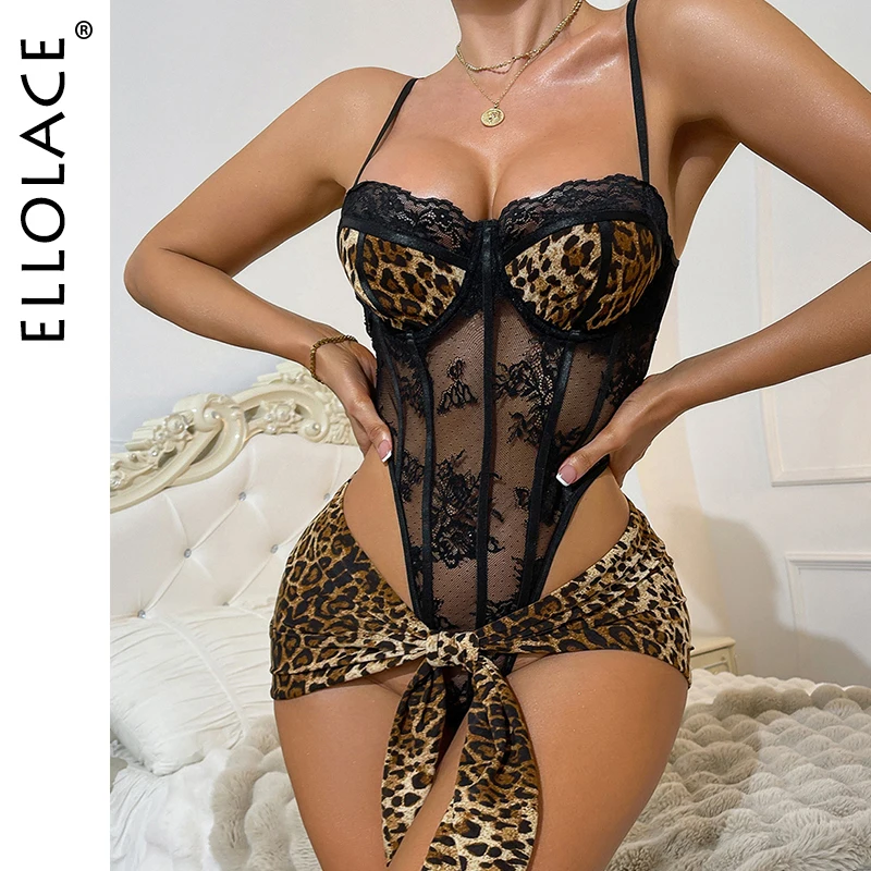 

Ellolace Erotic Lingerie Sexy Women Wild Leopard Lace Patchwork Bodysuit with Apron 2PC Seductive See Through Open Crotch Body