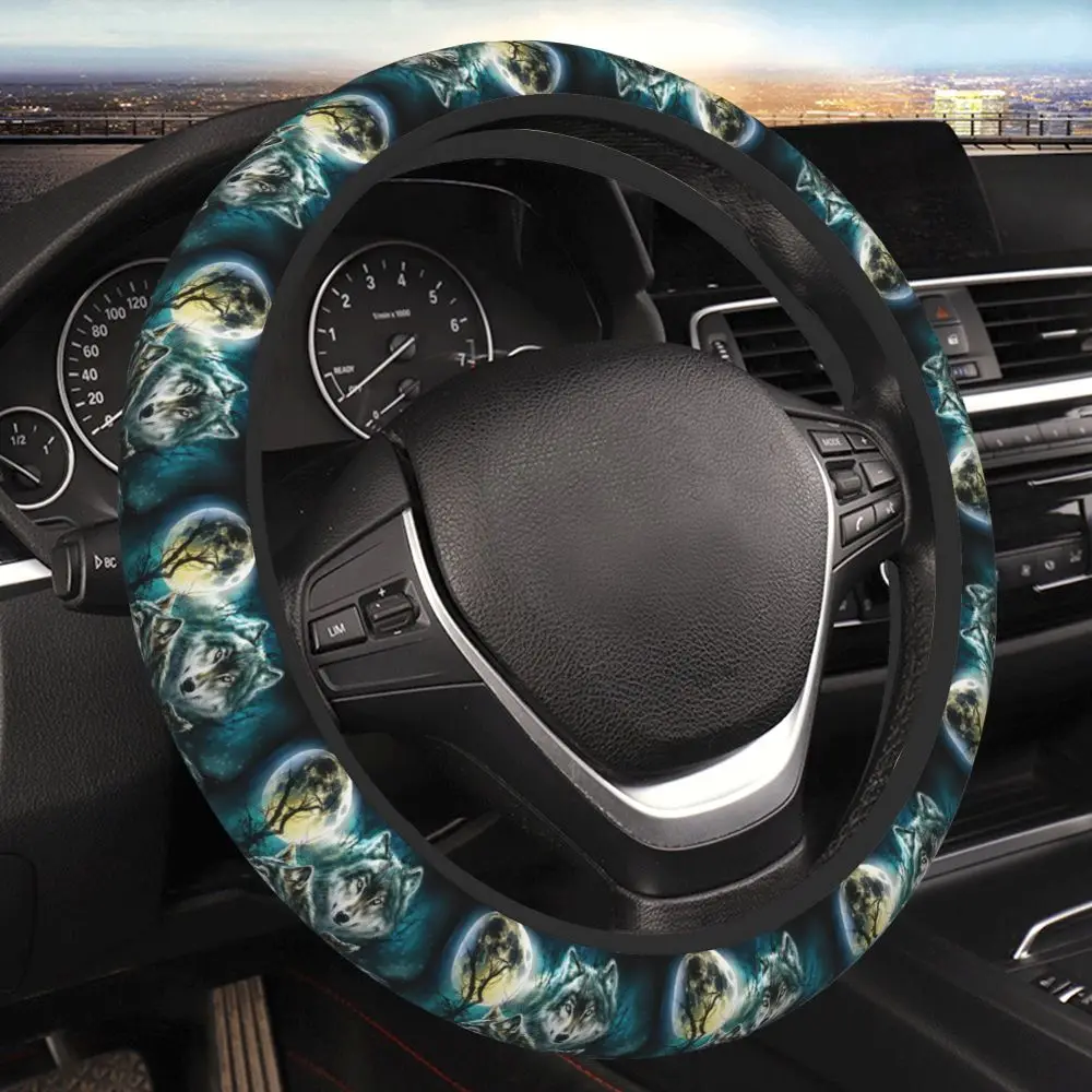 Wolves At Night Iron on Car Steering Wheel Cover Universal 14.5-15 Inch Thickened Elastic Steering Wheel Cover