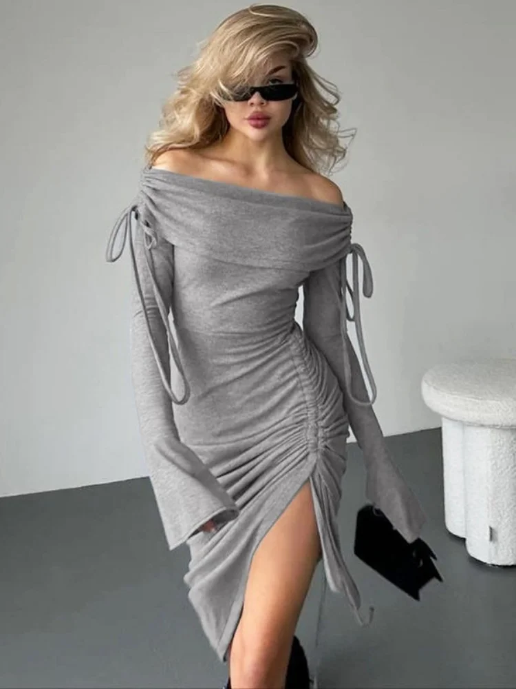 Off Shoulder Bodycon Dress For Women High Street Flare Sleeve Vestido Feminino Shirring Y2k Clothes Split Ropa De Mujer Lace-Up