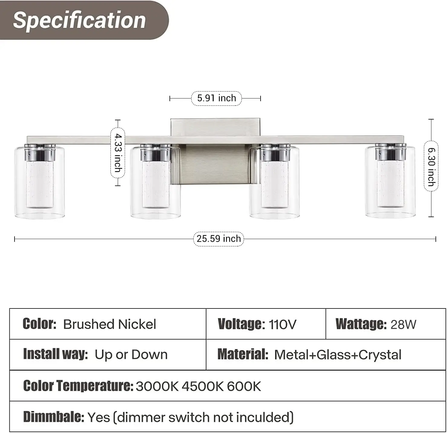 4 Licht Geborsteld Nikkel Ijdelheid Licht Over Spiegel, 3 Kleur Led Ijdelheid Verlichting Met Kristal Bubble Glas, Dimbare Bubble