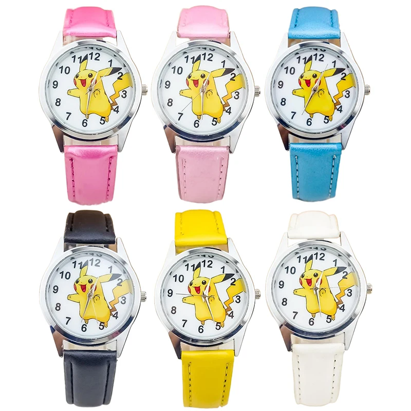 Miniso Anime Cartoon Pokemon Pikachu Round Quartz Boys Girls Student Watch Children Leather Belt Wristwatch Christmas Gifts