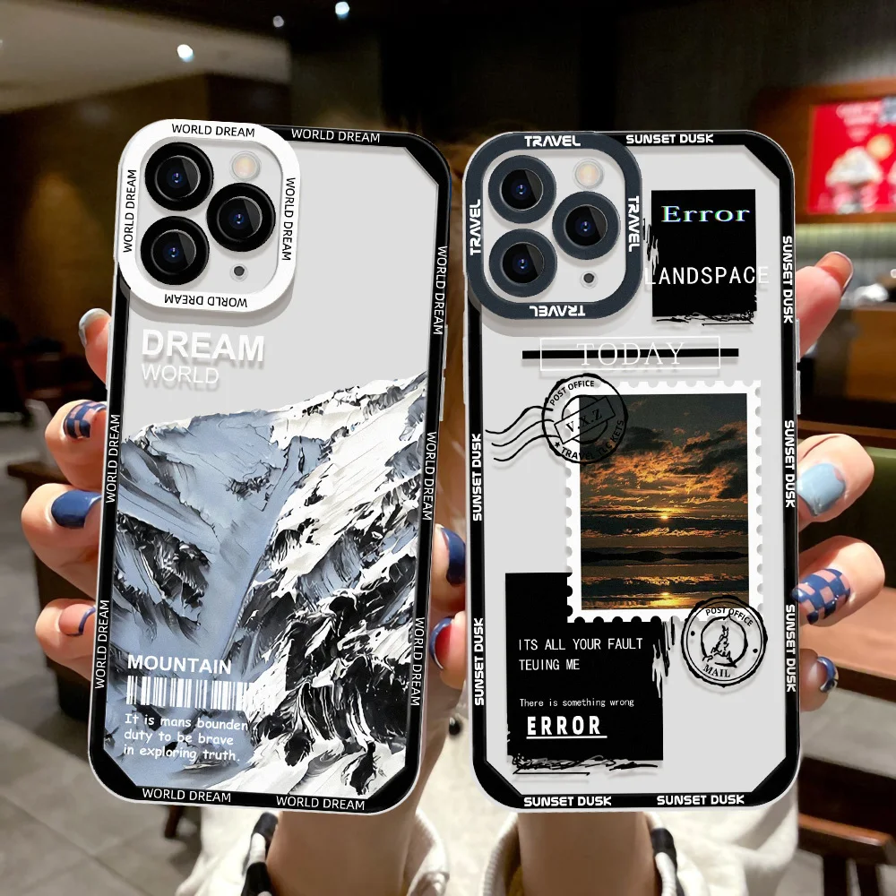 Phone Case For iPhone 11 Case iPhone 12 15 13 16 14 Pro Max Mini XR XS X 7 8 Plus SE SE3 Transparent Landscape Stamp Label Cover