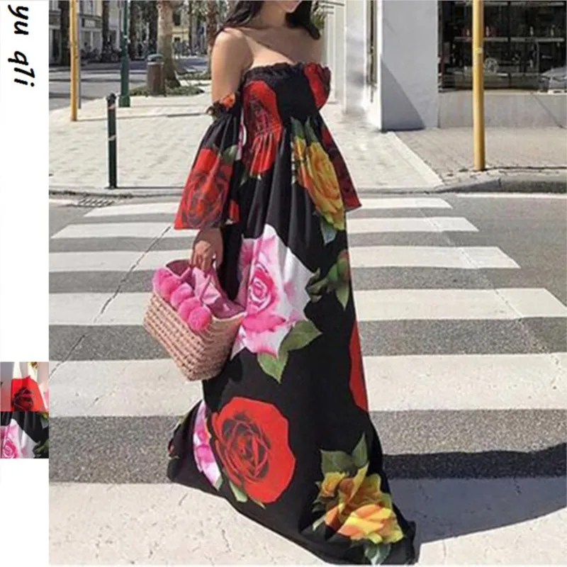 

Boho Floral Print Off Shoulder Backless long Dresses Women Casual Flare Sleeve Holiday Beach party Dress elegant Vestidos 2025