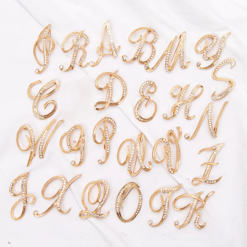 Women Luxury Letter Brooch Pins In Gold Color Rhinestones Crystal English Alphabet Metal Pins Cute Jewelry Accessories Gift