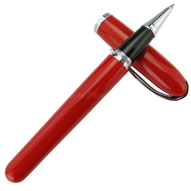 Baoer 516 Metal Bright Red Roller Ball Pen Silver Trim Refillable Office School Writing Accessory