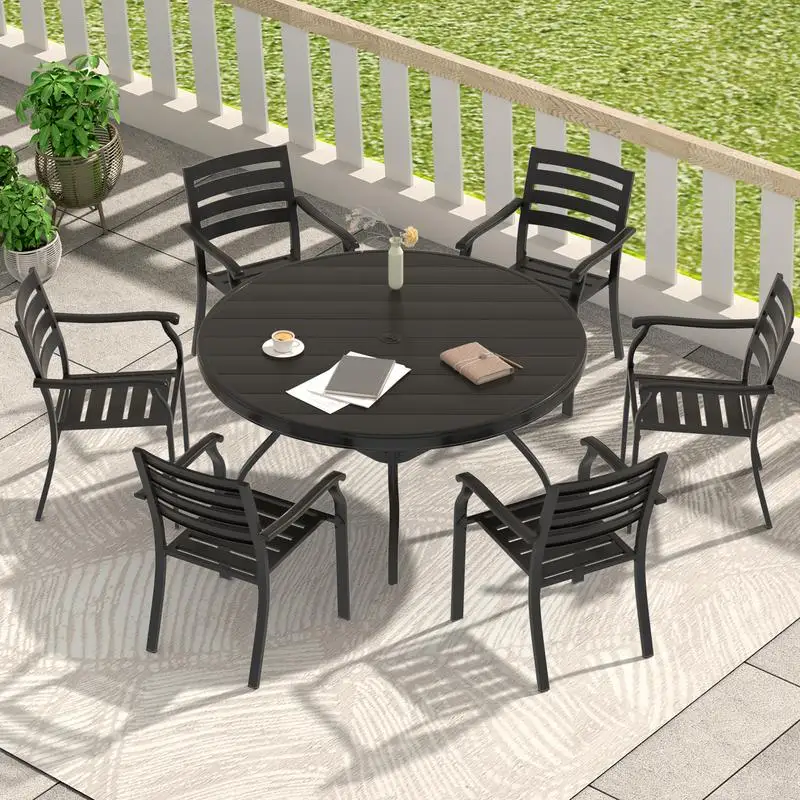 7-Piece Outdoor Patio Dining Set with 6 Stackable Metal Chairs and 52.95-Inch Round Metal Table for Lawn, Garden, Backyard, and