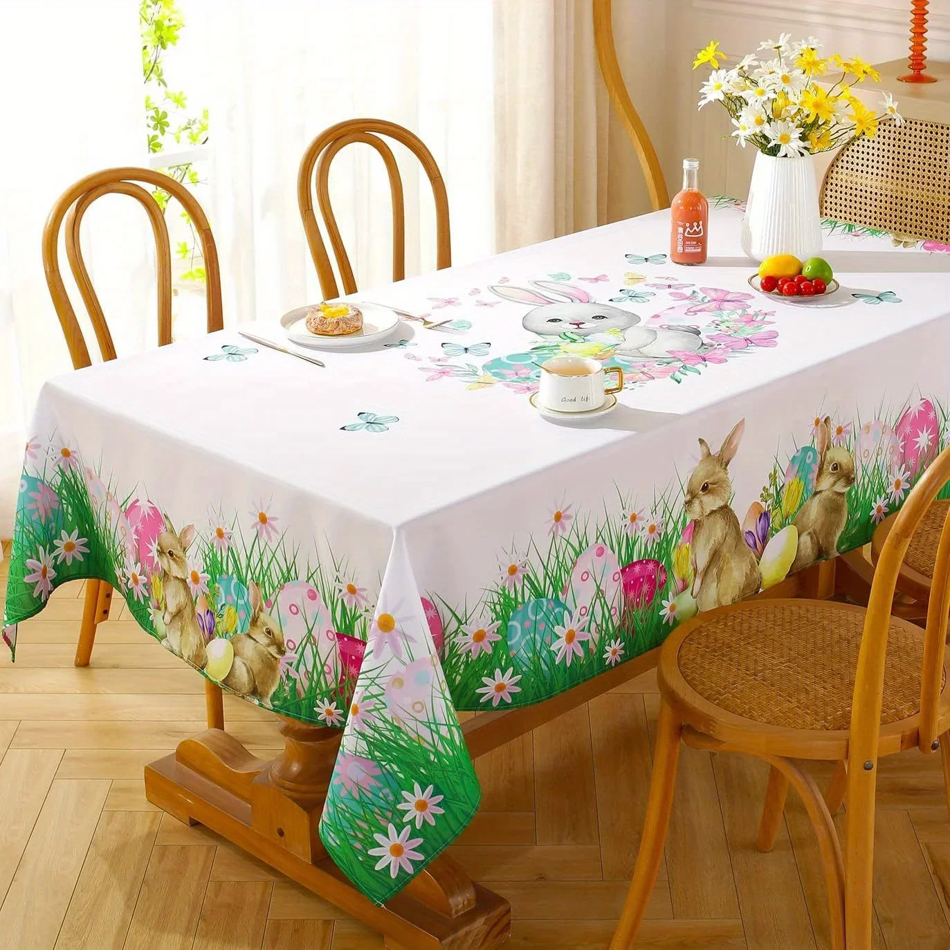 Easter Bunny Eggs Waterproof Tablecloth Holiday Home Party Decor Spring Flowers Rectangle Table Cloth Kitchen Dining Table Decor