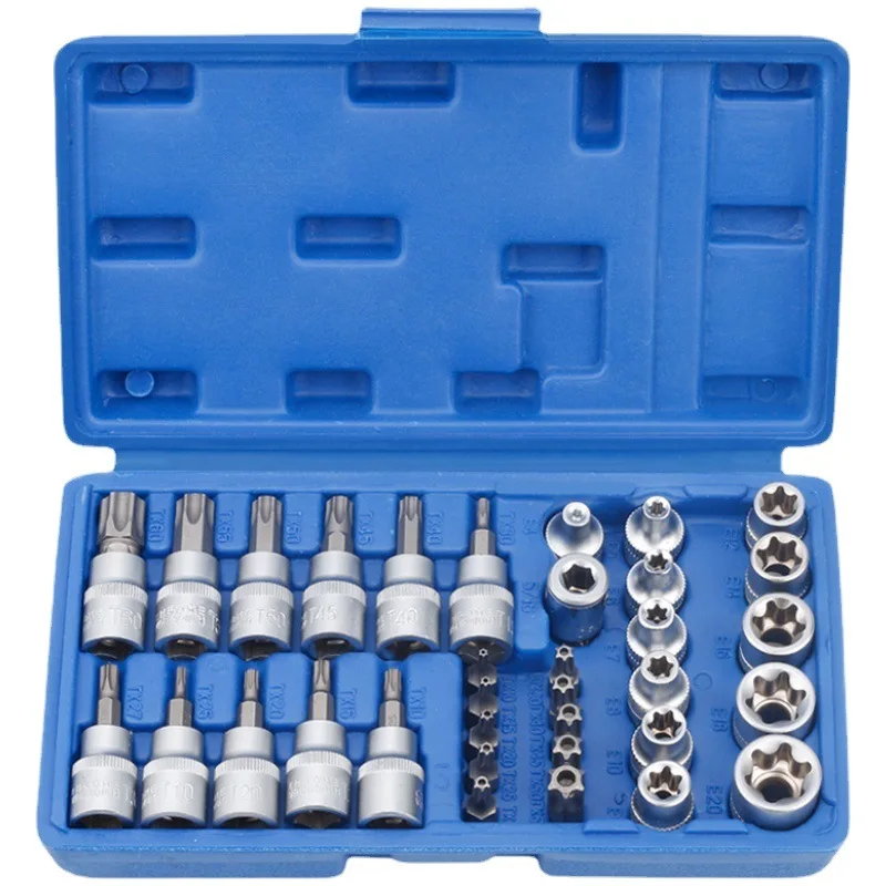 34Pcs Car Repair Tool Set E Type Socket E4-E20 Head T10-T60 Plum Blossom Star Socket Set Male/Female Bits Drive Handheld Tools