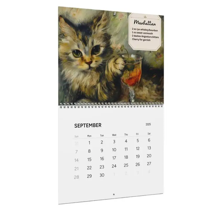 Decorative Wall Calendar 2025 Cat Cocktails Pattern Creative Desk Calendar Decorative Animal Calendar For Table Ornament