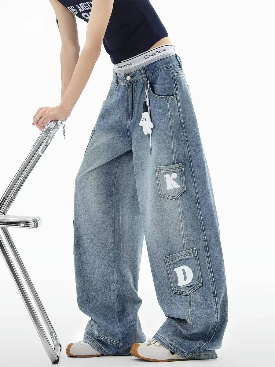 

American Sle High Waist Jeans Women's Vintage Waed Multi ket Loose Long Pants Dra Lazy Floor-Length Knife