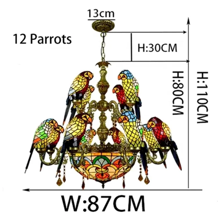 Custom Made Retro Stained Glass Parrot Chandelier Lamps Villa Bar Restaurant Living Room Bird Light Pendant