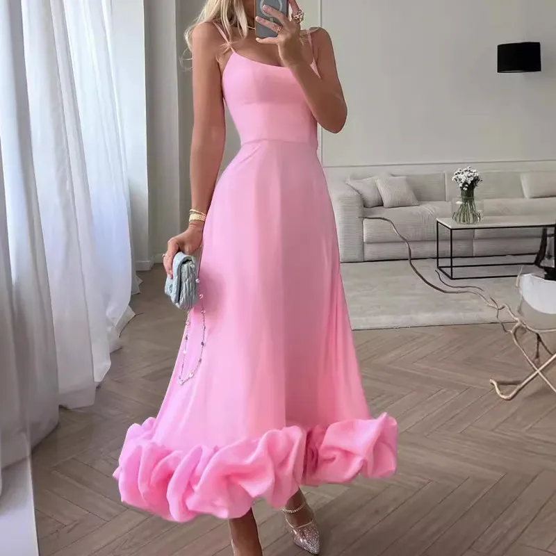 

Suspender A Line Flower Big Skirt Evening Dress Women's Temperament Sling Solid Color Minimalism Elegant Oversized Hemline Dress