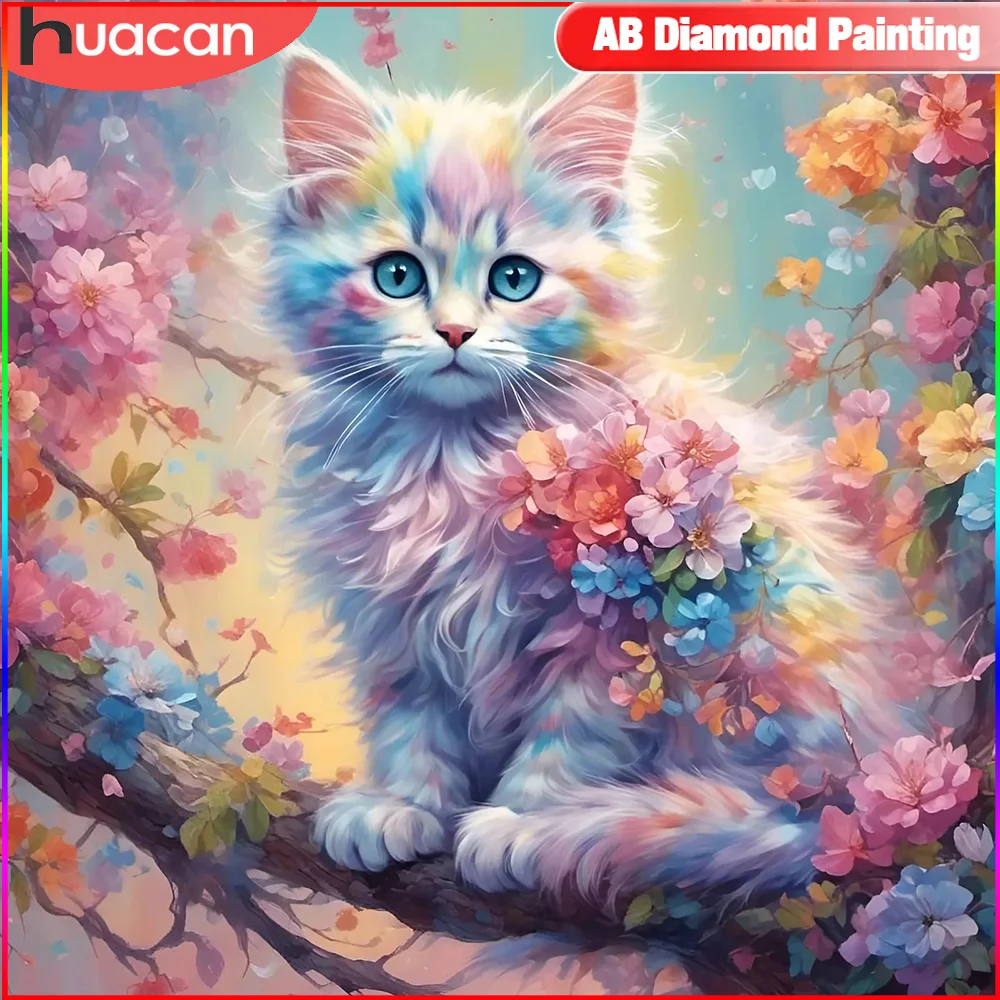 Huacan Diamant Malerei Cartoon Tier Katze volle quadratische/runde Mosaik Regenbogen Blume 5d DIY Gemälde für den Innenraum