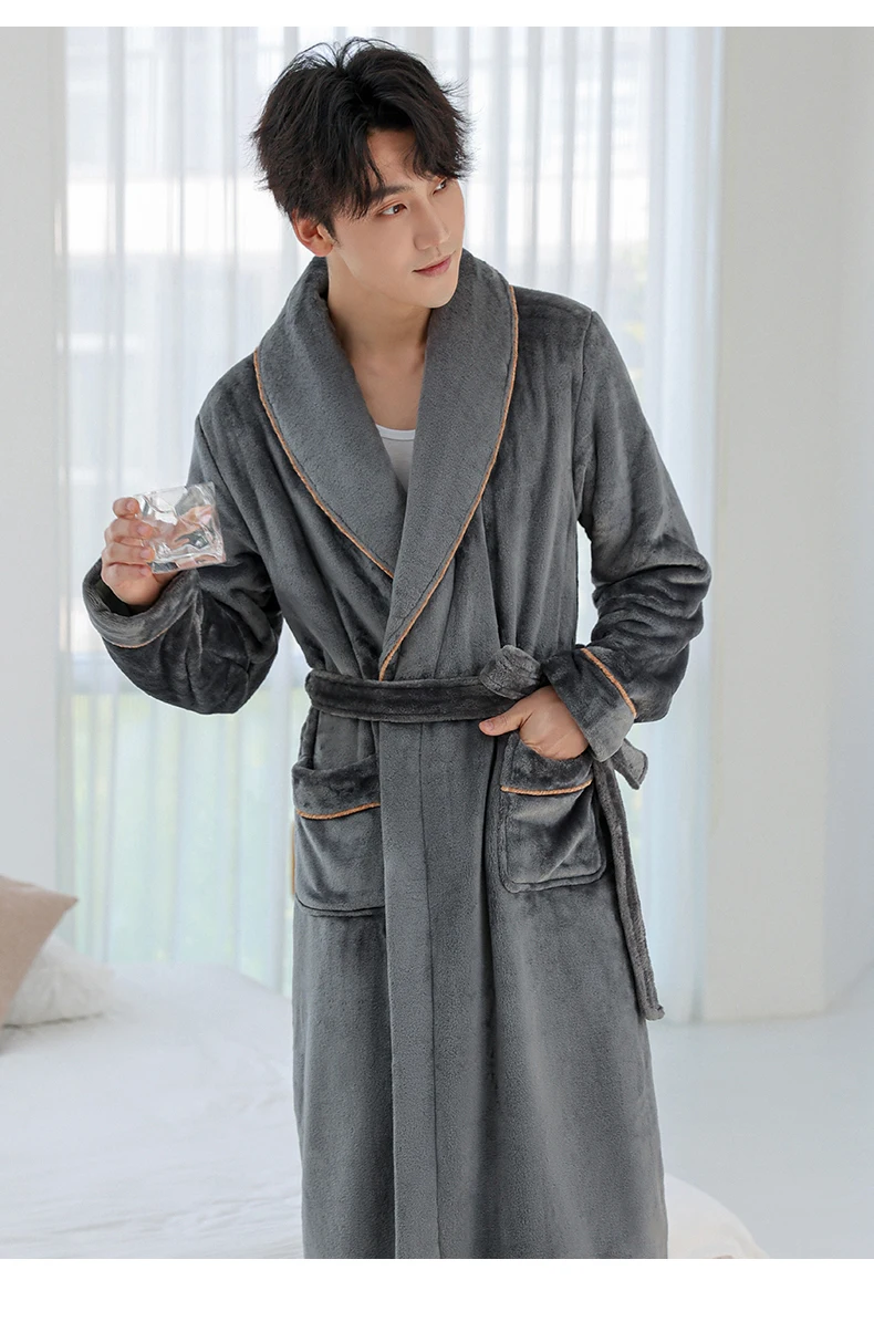 Nuevo Conjunto de Ropa de Casa para Hombre, Invierno, Bata Larga y Gruesa de Felpa Coral con Pantalones de Pijama, Cálido y A...