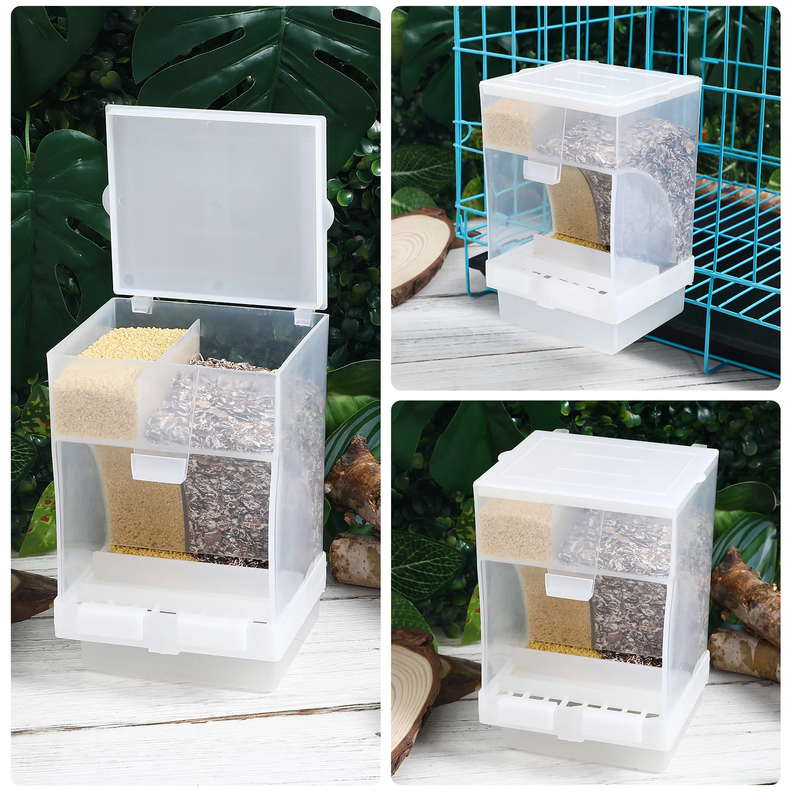 

1 Set Clear Automatic Feeder Dual Compartments Sturdy Plastic Easy Refill Pet Feeding Box Spoon Parakeet Cage Feeder Indoor Bird