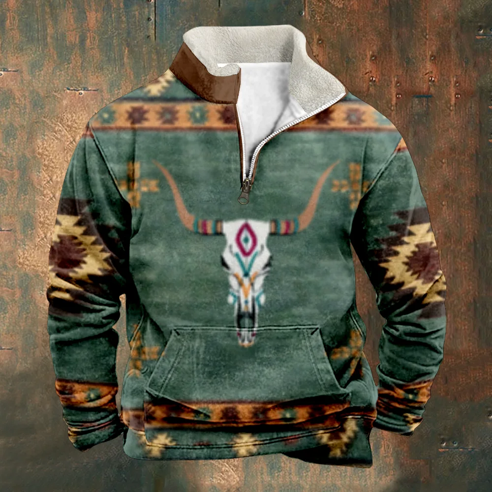 Patchwork Men\'s Sweatshirt Vintage Totem Sweatshirts Long Sleeve Stand Collar Zipper Casual Pullovers