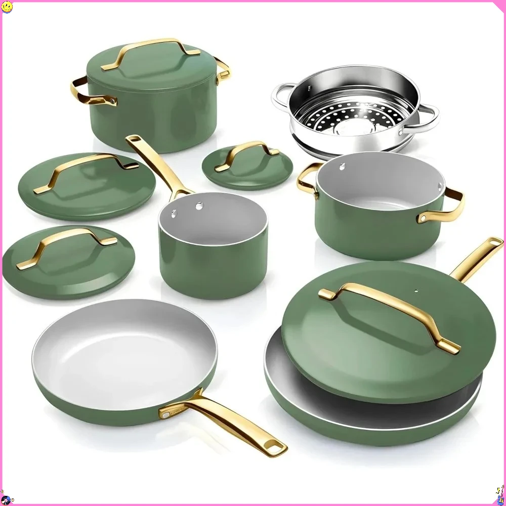 

11-piece ceramic non-stick cookware set - steamer, induction cooktop, oven/dishwasher safe for easy cleaning