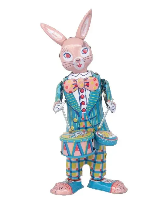 

[Funny] Classic collection Retro Clockwork happy bunny rabbit Wind up Metal Walking Tin play drum rabbit robot Mechanical toy