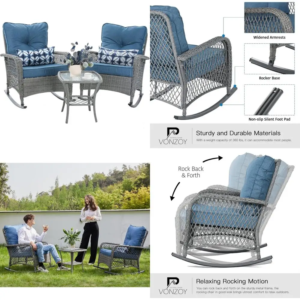 3-Piece Outdoor Wicker Rocking Bistro Set with Cushioned Chairs and Coffee Table for Patio Porch