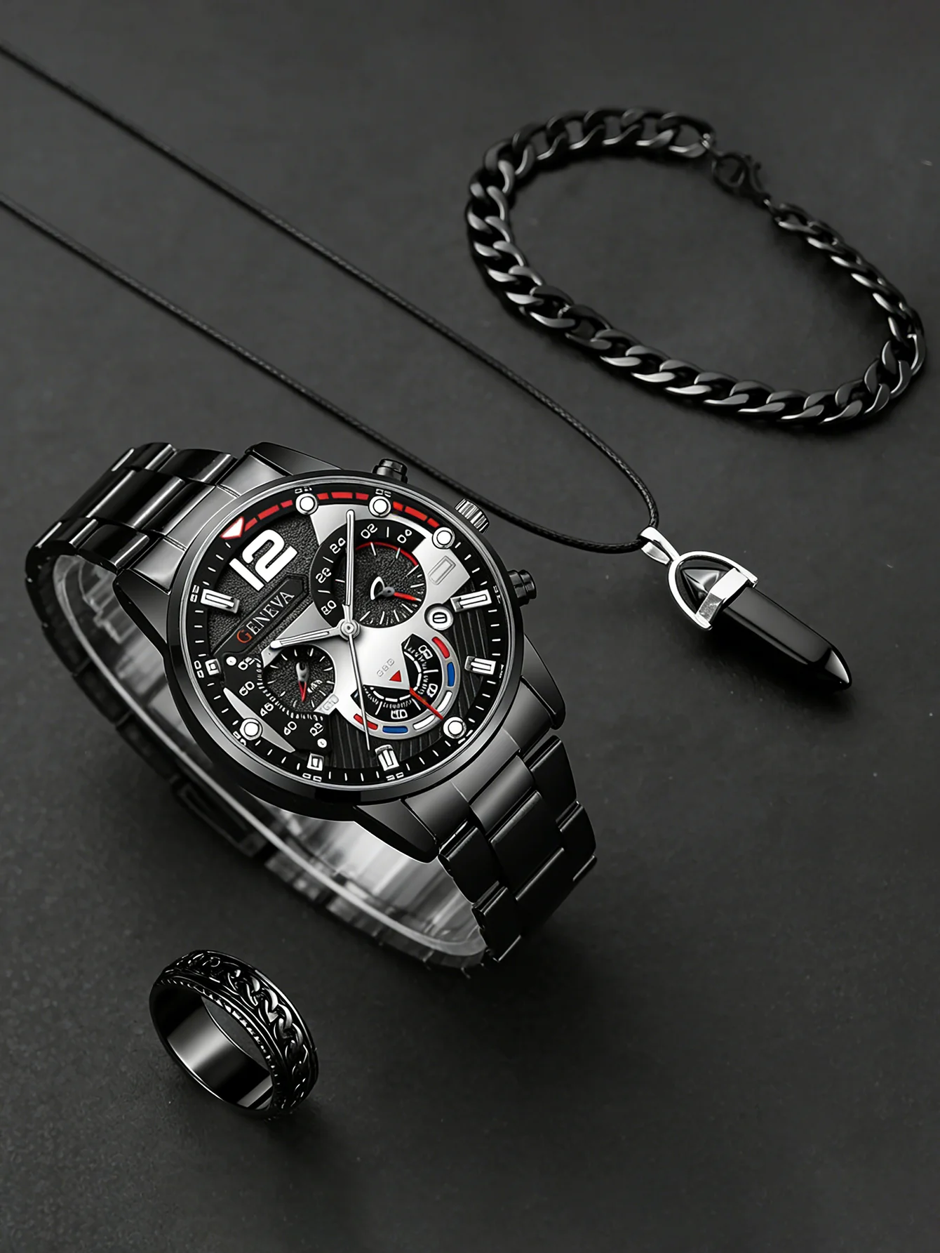 Ideal Gift For Him Men All In One Accessory Set Quartz Watch Purse Necklaces Rings Key Chain Bracelet Gentleman Dress Up Gift