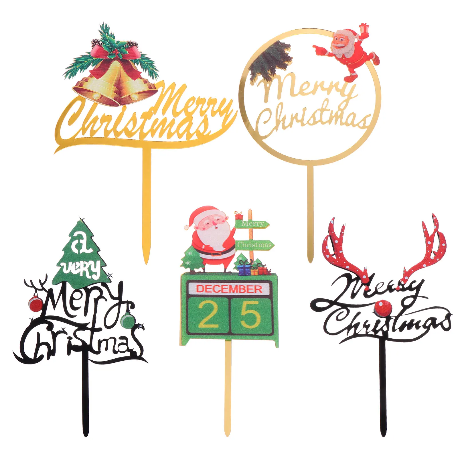 

5 Pcs Xmas Cake Decor Christmas Decoration Card Insert Decorations Cupcake Topper Tree