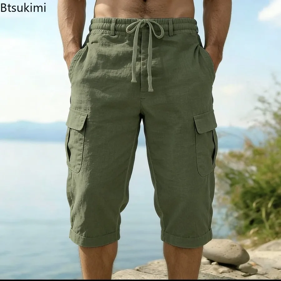 New Men's Fashion Linen Shorts Summer Male Loose Large Size Multi-Pocket Overalls Comfortable Outdoor Casual Sports Beach Pants