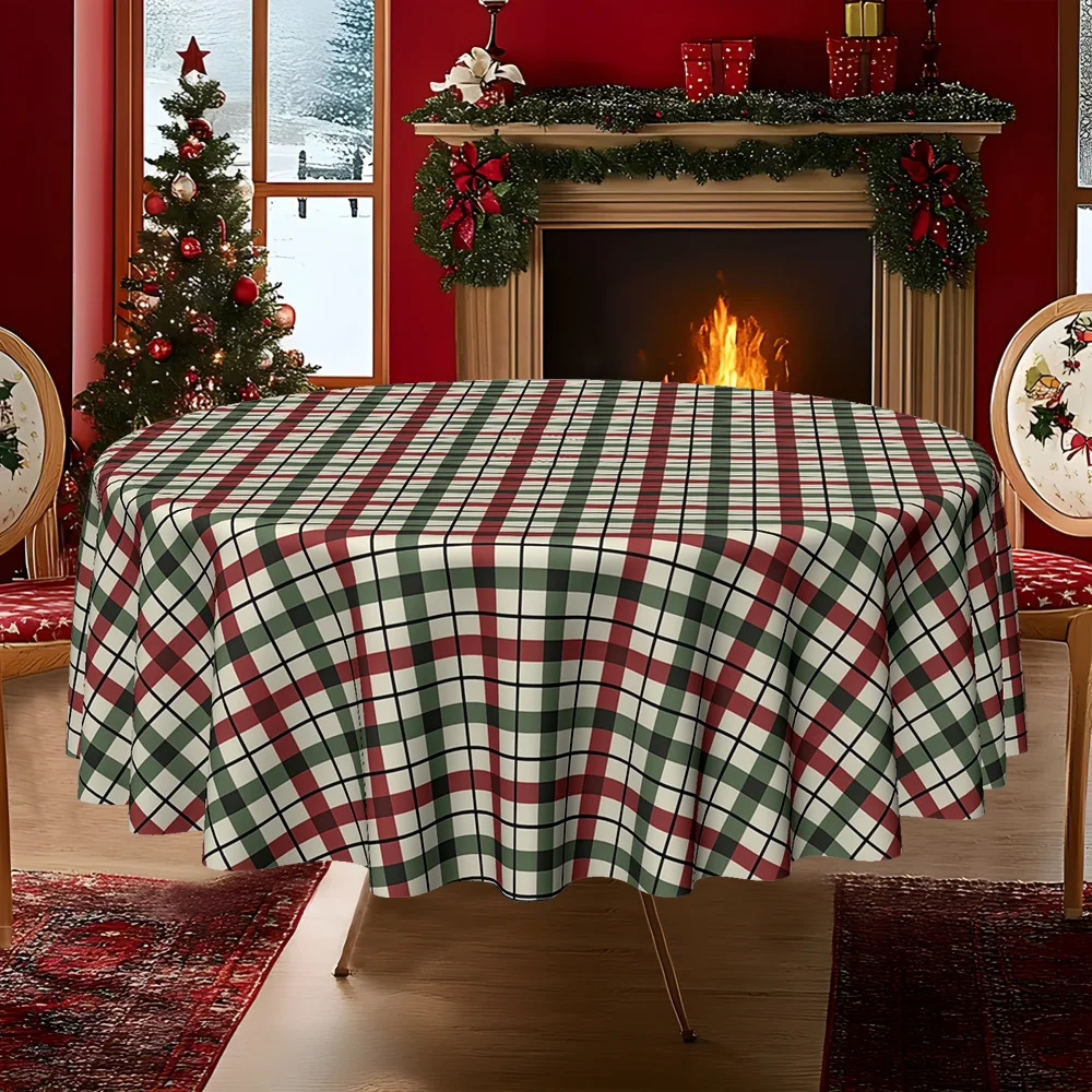 JIT, 1pc Red-Green-Black checkered regular line geometric printed kitchen/dining round tablecloth, 1 suitable for hotelszyc