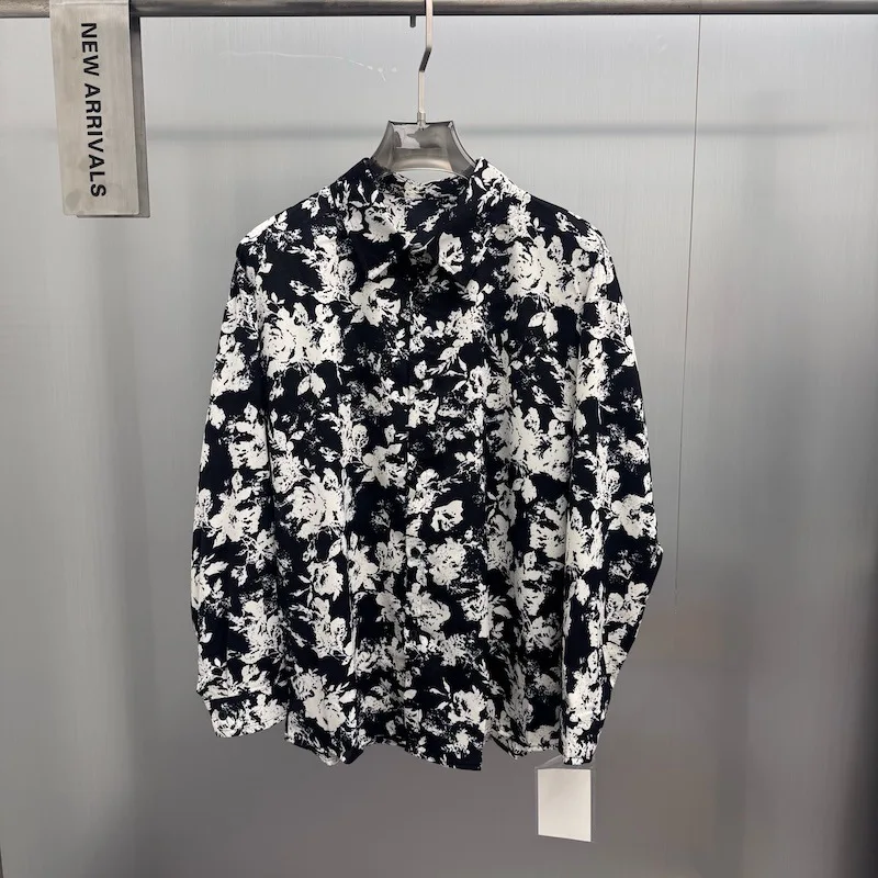 

Мужская рубашка с оригинальным цифровым цветочным принтом, повседневная, с длинным рукавом, свободного кроя, осенняя новинка, простой воротник-стойка