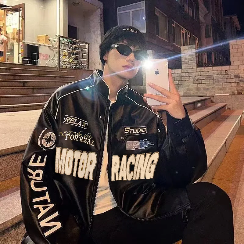 Men Moto Biker Jacket Embroidered varsity Leather jacket oversized Faux Leather Coat Spring Autumn PU Windbreaker Racing Outwear