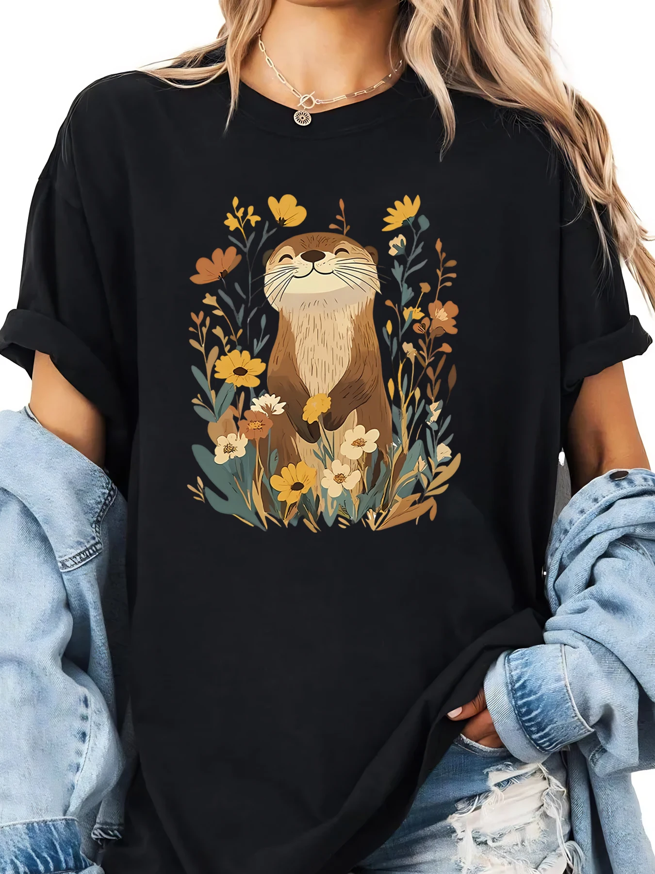 오터 플로럴 프린트 티셔츠 봄 여름 여성 캐주얼 의상 블랙 플러스 사이즈