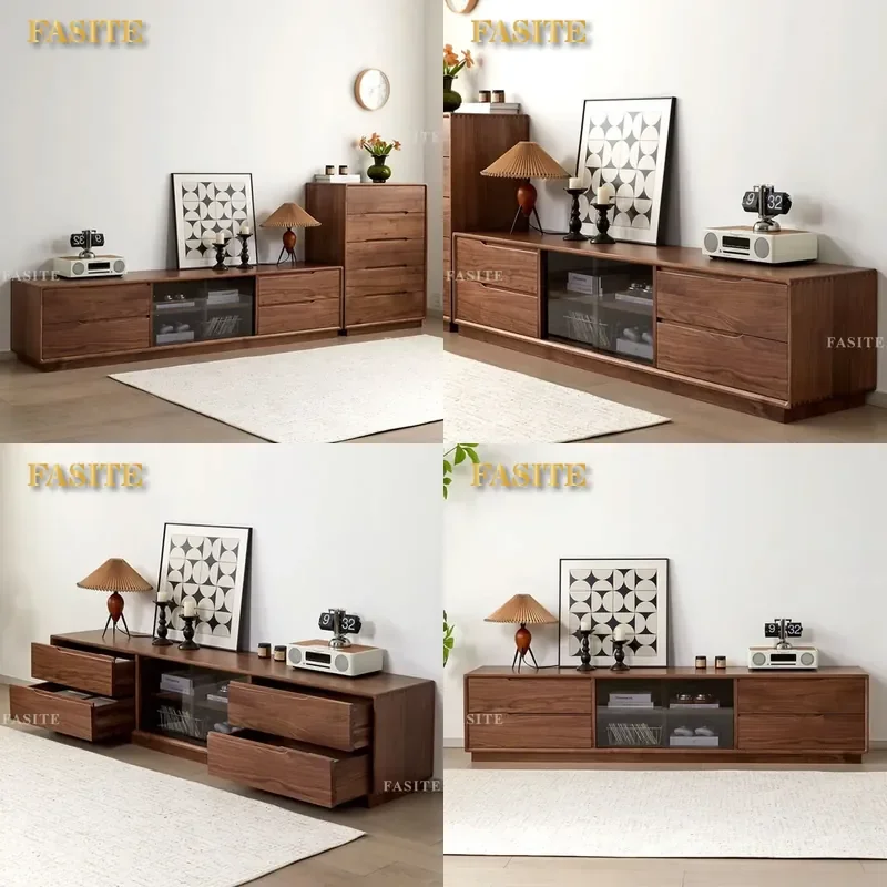 For North American Black Walnut TV Cabinet Nordic Solid Wood Cherry Floor Storage Unit Simple Design Small Apartment Living