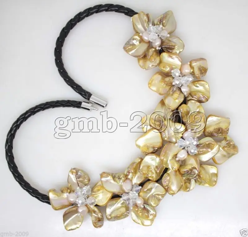 Hand Woven Yellow Shell 5 Flowers Pearl Crydtal Black Leather Bib Necklace 18