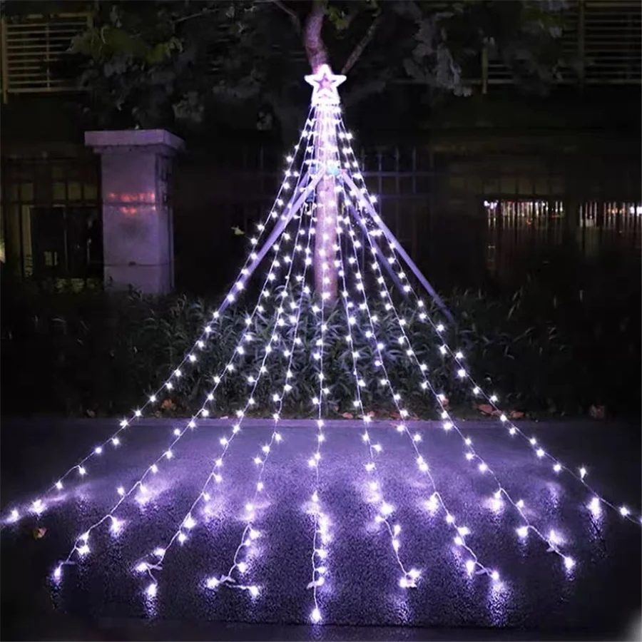 8 Modes LED Stars Waterfall Fairy String Lights Outdoor Waterproof Christmas Garland Lights for Villa Garden Wedding Party Decor