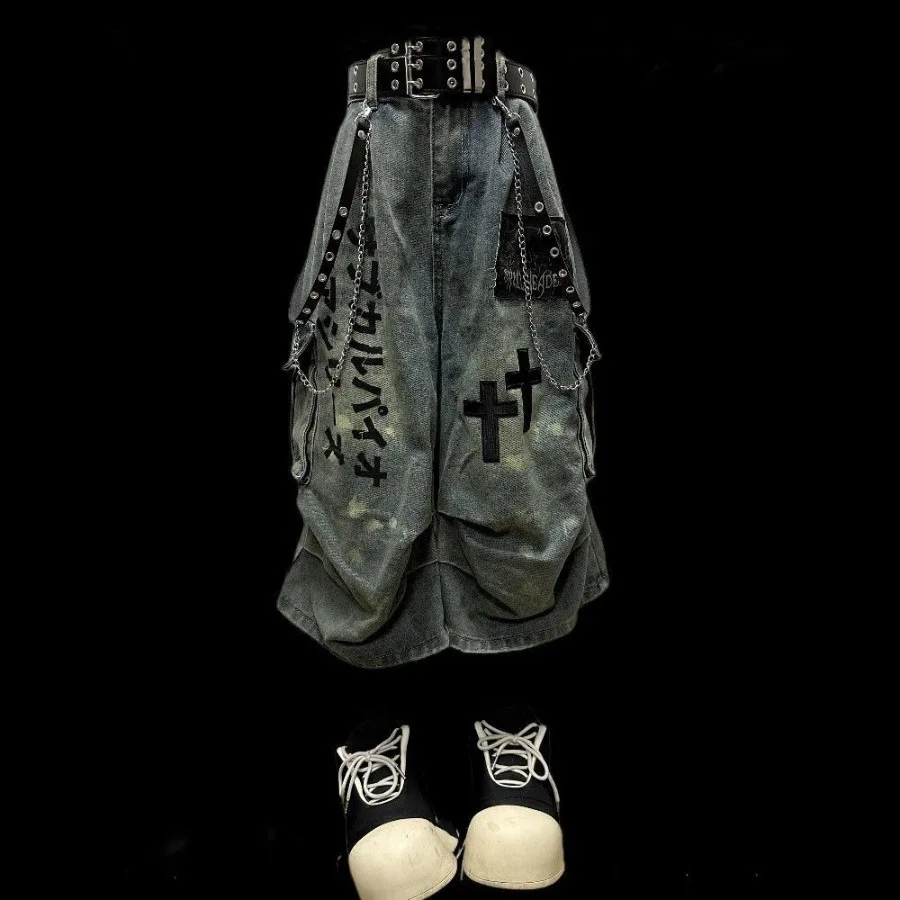 New Women Calf‑Length Denim Jorts Cyber Punk Grunge Cross Print Distressed Washed Y2K Vintage Streetwear Summer Subculture Jeans