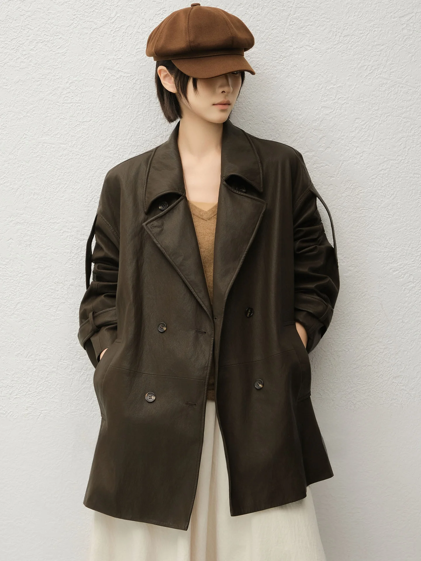 

Rebellious Vintage Double-Row Buttoned Jaet PU Leather Street Sle Loose Fit Youth Coat Regular Sve Long Pure Color