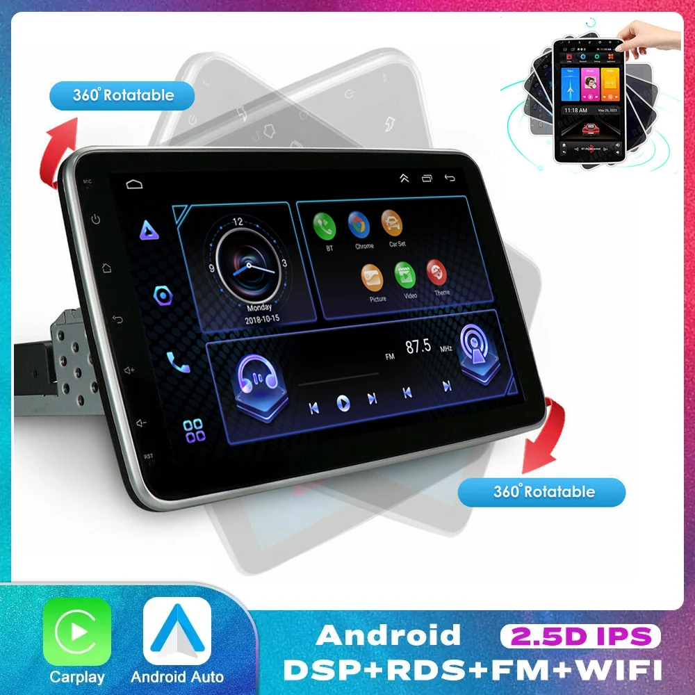 

1Din Rotable 10 inch Android 13.0 Car Radio MP3 multimedia Player GPS Navigation Wireless Carplay Auto video player