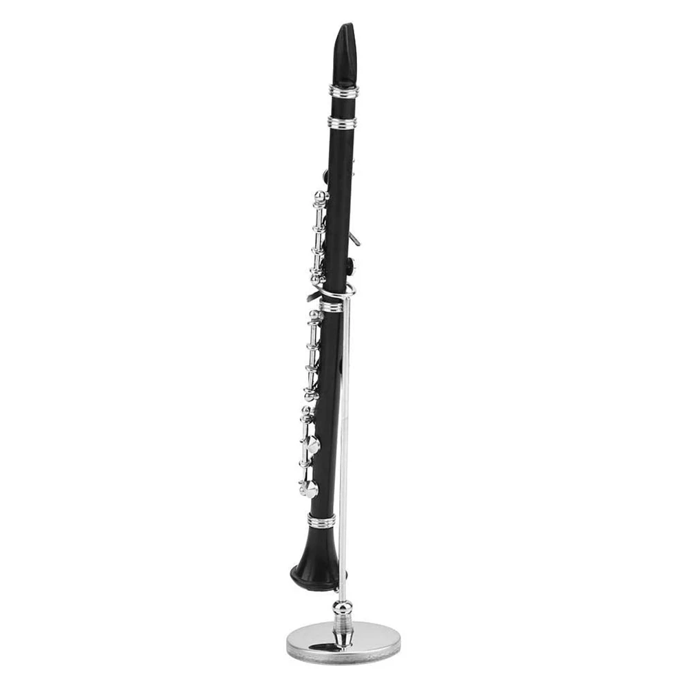 Mini Clarinet Model Musical Instrument Miniature Desk Decor with Black Leather Box Bracket Dollhouse Decor