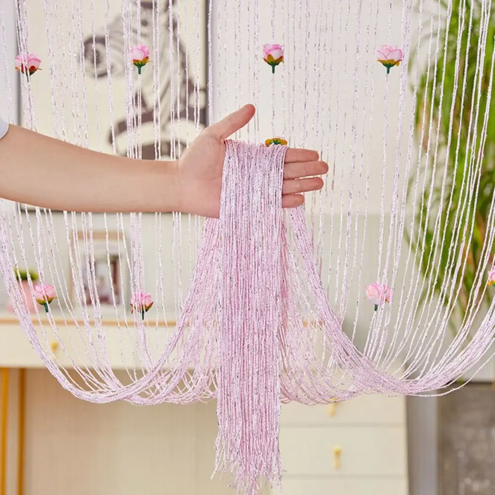 Window Treatment Shiny Rose Flower String Curtain Solid Color Room Divider Door Curtain 1*2M Tassel Window Curtain Home Decor