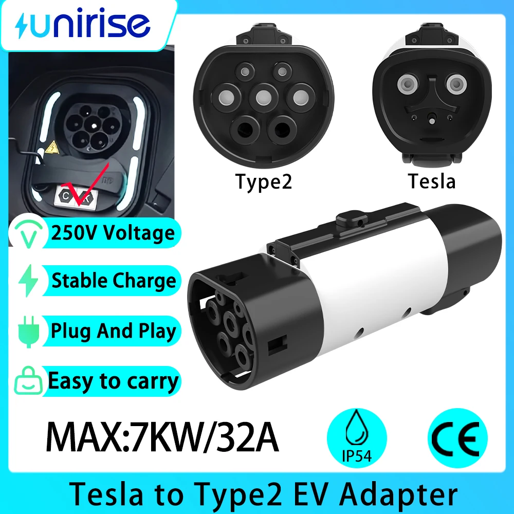 Unirise Tesla to Type2 EV Charging Adapter NACS Charger 32A 250V 7KW CE Approved For IEC 62196 Electric Car Type2 Converter
