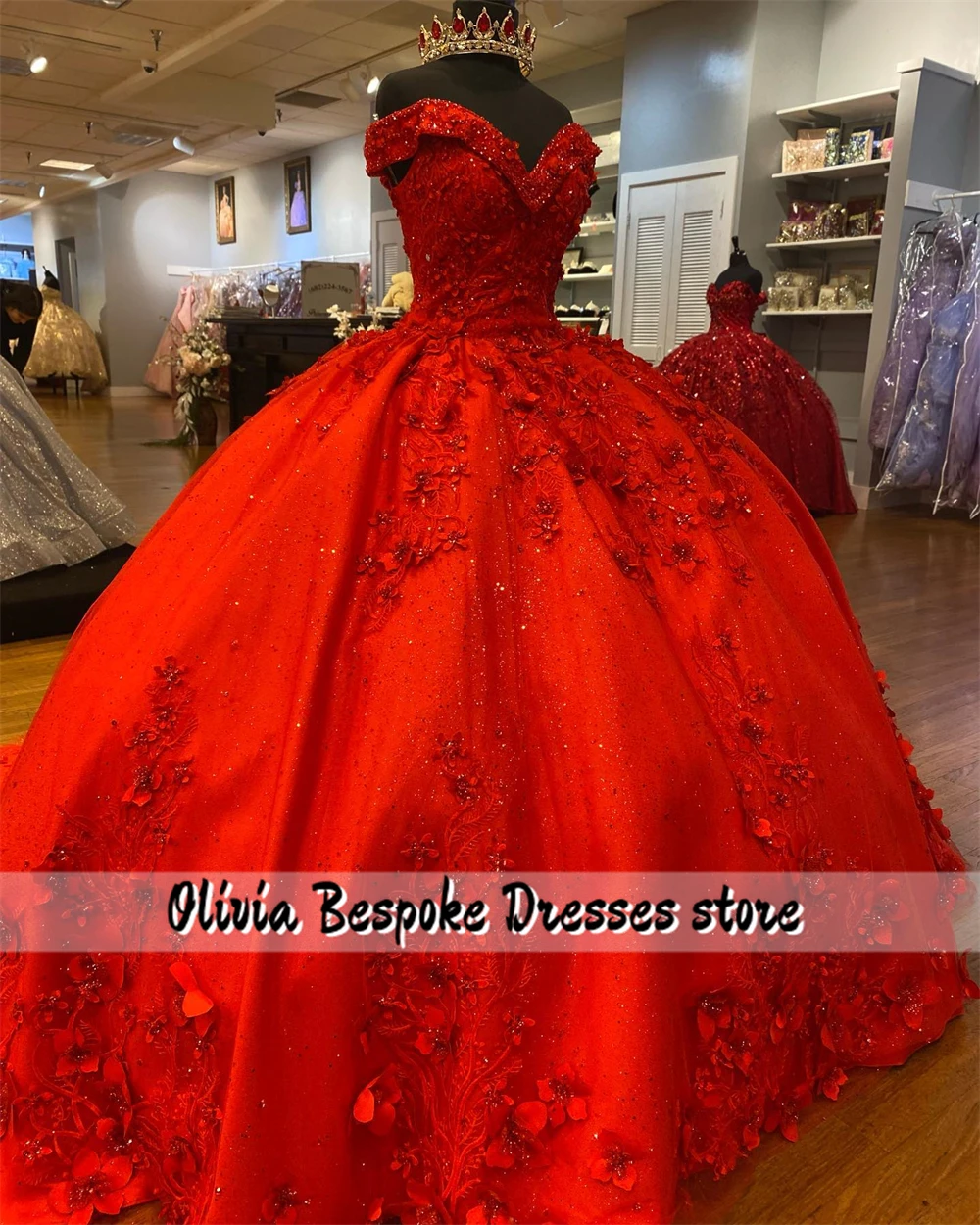 カスタマイズされた裸の肩のキンセアニェーラのドレス,真珠の花柄のボールガウン,赤,メキシコの結婚披露宴のドレス,魅力的