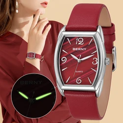 BERNY Relógio para Mulheres Luminoso Ultrafino Leve Elegante Senhoras Relógios de Quartzo Pulseira de Couro Vestido À Prova D 'Água Relógio de Pulso