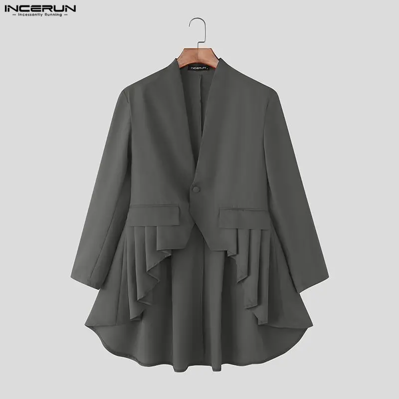 

INCERUN мужской нерегулярный пиджак с v-образным вырезом и длинными рукавами, рюшами на одной пуговице, мужской костюм, уличная одежда, плиссированные модные повседневные тонкие пальто, пиджак